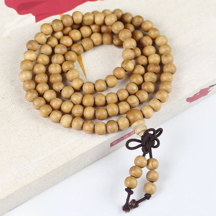 Buddha Stones Mala di 108 perle annodate e lucidate a mano in legno di pesco. - 6 mm - Normale - Legno di pesco (Protezione♥Purificazione) - image 0