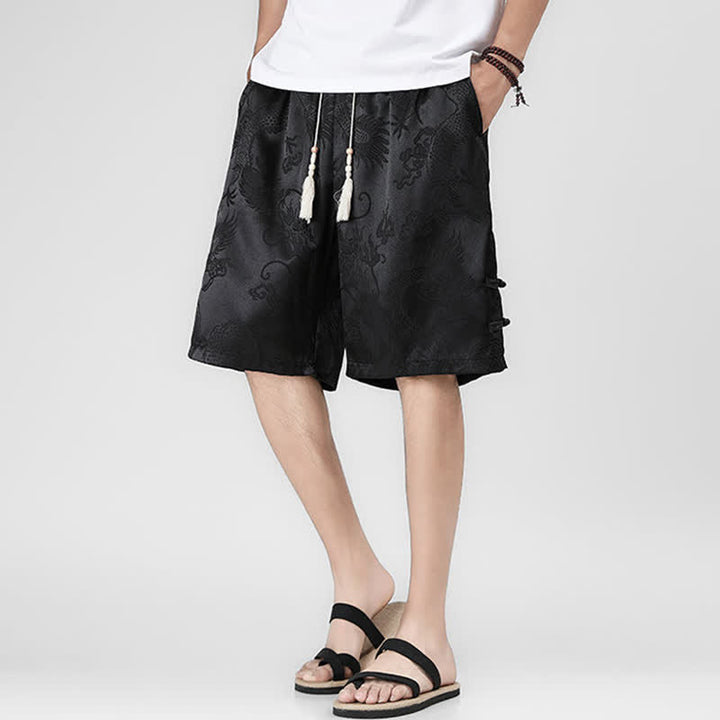 Buddha Stones Pantaloncini da uomo estivi con coulisse, motivo drago-rana e bottoni laterali, con tasche. - Nero - US/UK/AU46, EU56 (5XL) - image 0