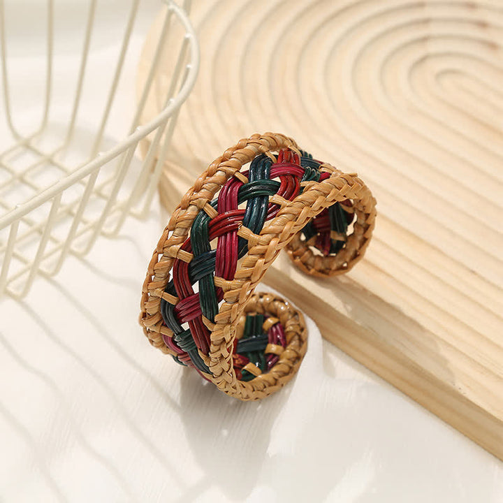 Buddha Stones Bracciale a polsino largo e rotondo in rattan naturale intrecciato a mano, stile bohémien. - image 3