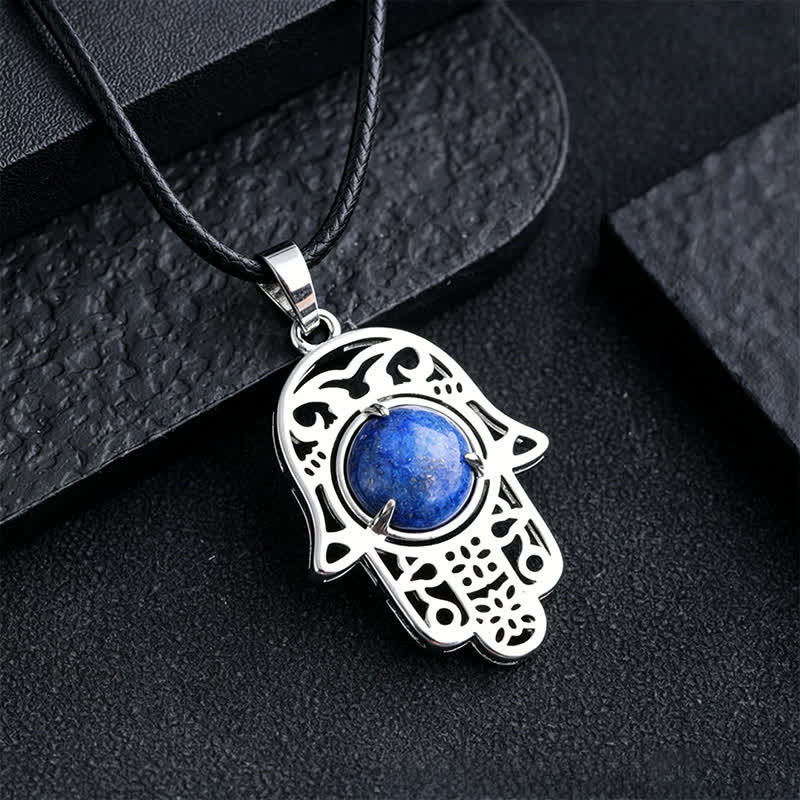 Buddha Stones Collana con intarsio in ossidiana nera naturale e palma Hamsa, simbolo di forza e resistenza. - Lapislazzuli naturale (il colore può variare) - image 10