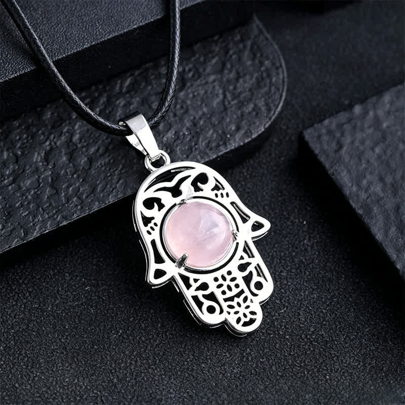 Buddha Stones Collana con intarsio in ossidiana nera naturale e palma Hamsa, simbolo di forza e resistenza. - Quarzo rosa naturale (il colore può variare) - image 18