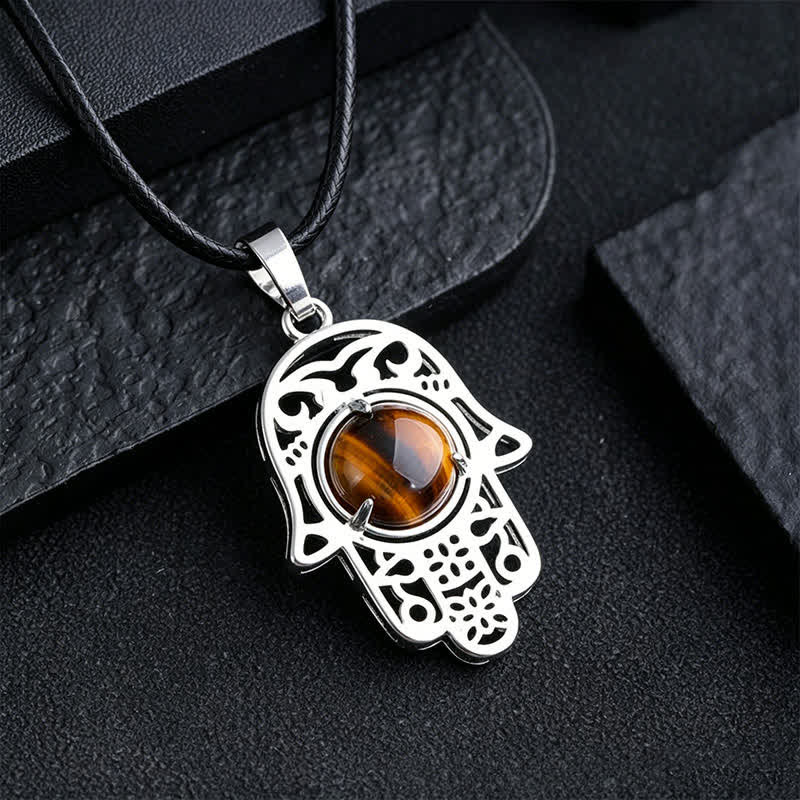 Buddha Stones Collana con intarsio in ossidiana nera naturale e palma Hamsa, simbolo di forza e resistenza. - Occhio di tigre naturale (il colore può variare) - image 8