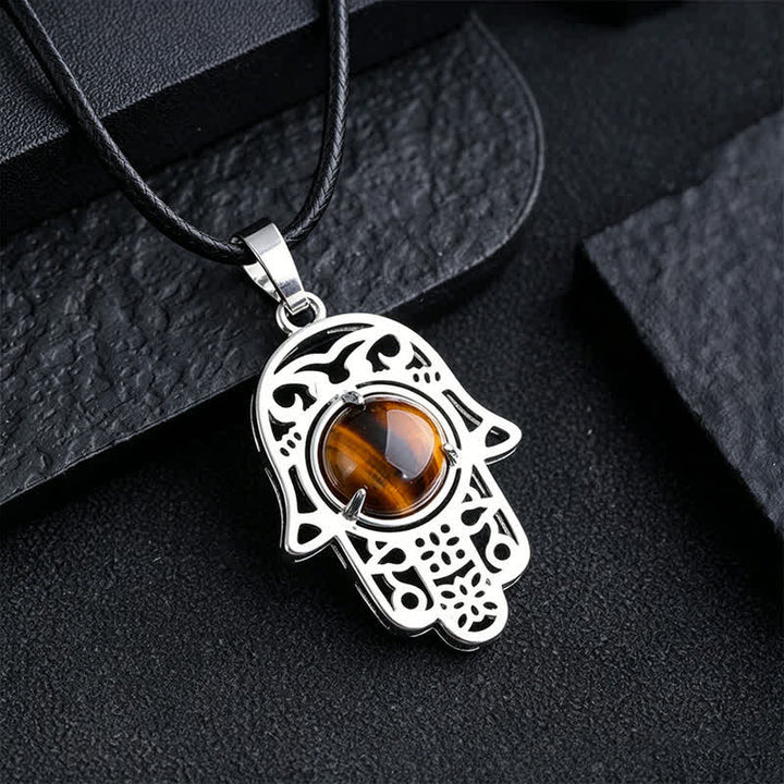 Buddha Stones Collana con intarsio in ossidiana nera naturale e palma Hamsa, simbolo di forza e resistenza. - Occhio di tigre naturale (il colore può variare) - image 8