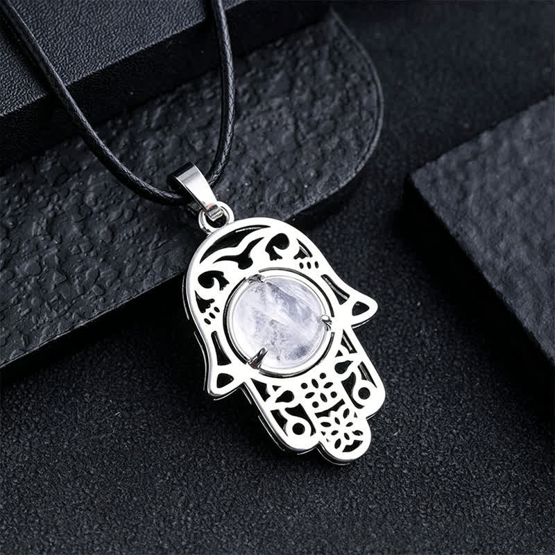 Buddha Stones Collana con intarsio in ossidiana nera naturale e palma Hamsa, simbolo di forza e resistenza. - Quarzo trasparente naturale (il colore può variare) - image 14