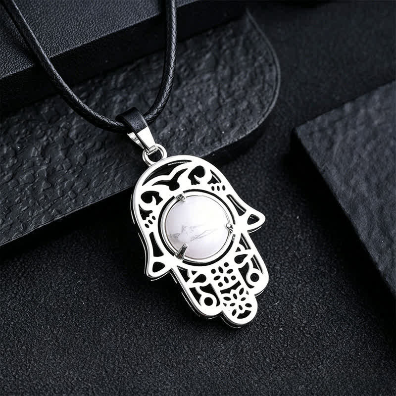 Buddha Stones Collana con intarsio in ossidiana nera naturale e palma Hamsa, simbolo di forza e resistenza. - Turchese naturale (il colore può variare) - image 16