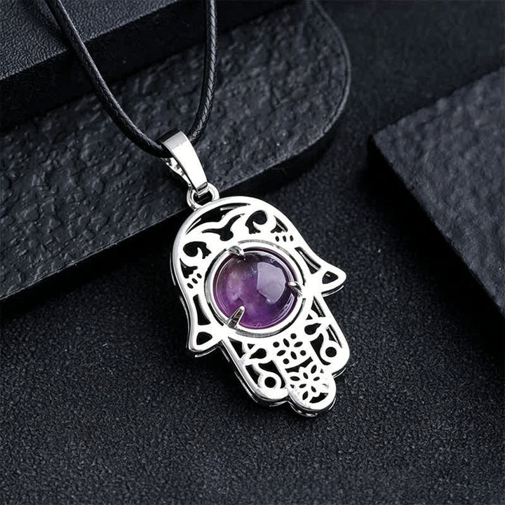 Buddha Stones Collana con intarsio in ossidiana nera naturale e palma Hamsa, simbolo di forza e resistenza. - Ametista naturale (il colore può variare) - image 6