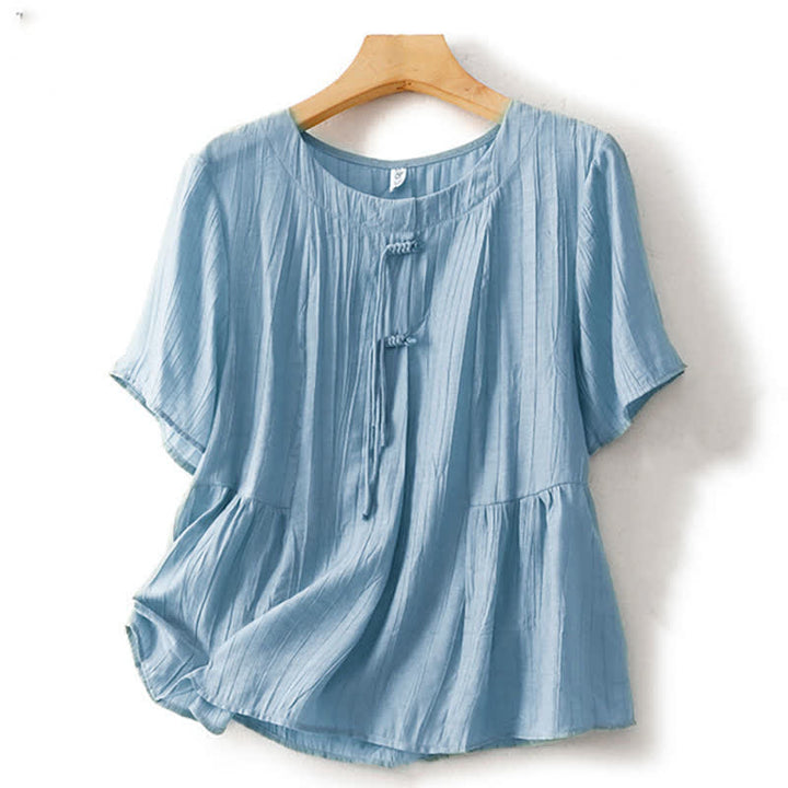 Buddha Stones Camicia da donna a maniche corte con scollo rotondo, tinta unita, stile boho estivo, con bottoni. - Blu acciaio chiaro - US8-10, UK/AU12-14, EU40-42 (2XL) - image 0