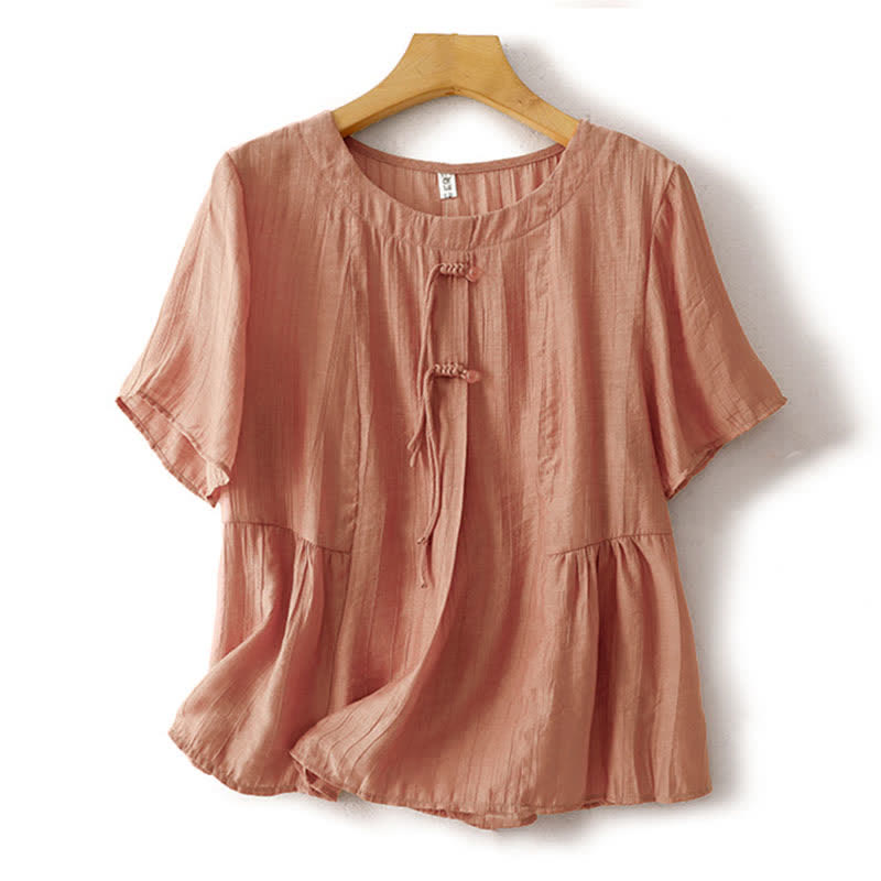 Buddha Stones Camicia da donna a maniche corte con scollo rotondo, tinta unita, stile boho estivo, con bottoni. - Salmone chiaro - US8-10, UK/AU12-14, EU40-42 (2XL) - image 15