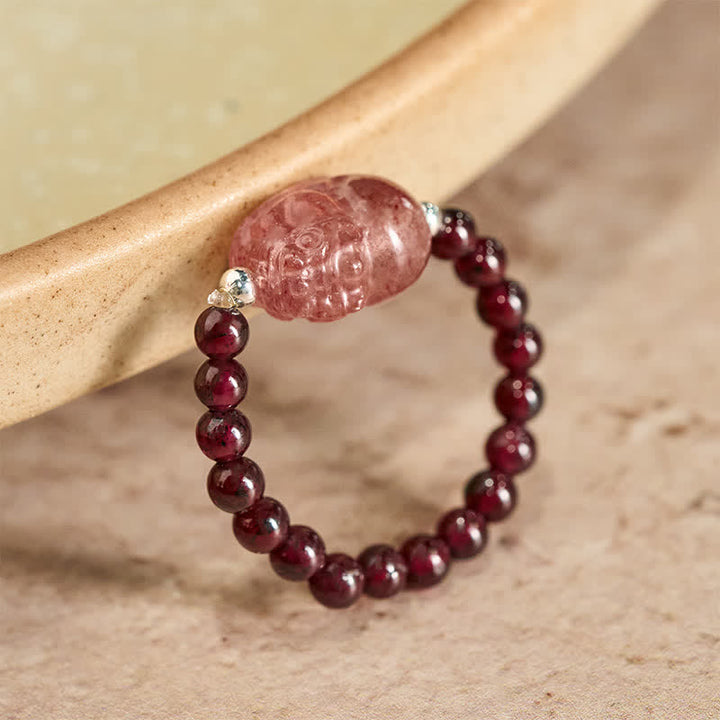Buddha Stones Anello elastico curativo PiXiu con mini perline da 3 mm in pietra di luna naturale, tormalina, granato, perla, quarzo fragola. - Granato naturale da 52-53 mm (il colore può variare) - image 0