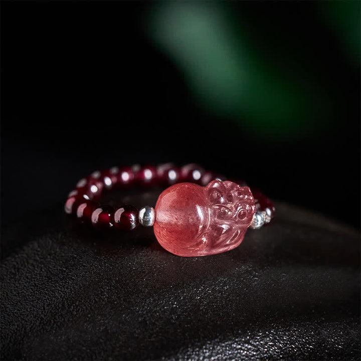 Buddha Stones Anello elastico curativo PiXiu con mini perline da 3 mm in pietra di luna naturale, tormalina, granato, perla, quarzo fragola. - image 1