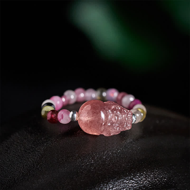 Buddha Stones Anello elastico curativo PiXiu con mini perline da 3 mm in pietra di luna naturale, tormalina, granato, perla, quarzo fragola. - image 16
