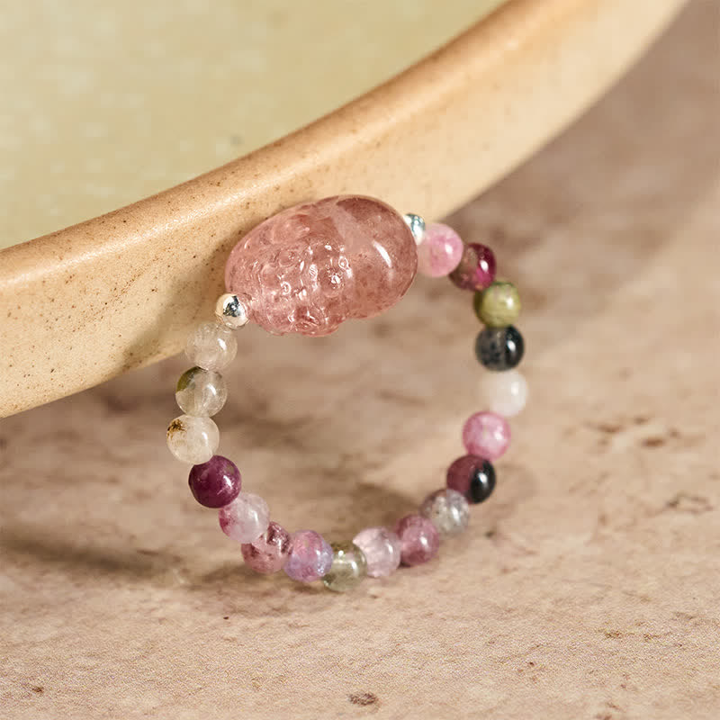 Buddha Stones Anello elastico curativo PiXiu con mini perline da 3 mm in pietra di luna naturale, tormalina, granato, perla, quarzo fragola. - Tormalina naturale da 52-53 mm (il colore può variare) - image 15