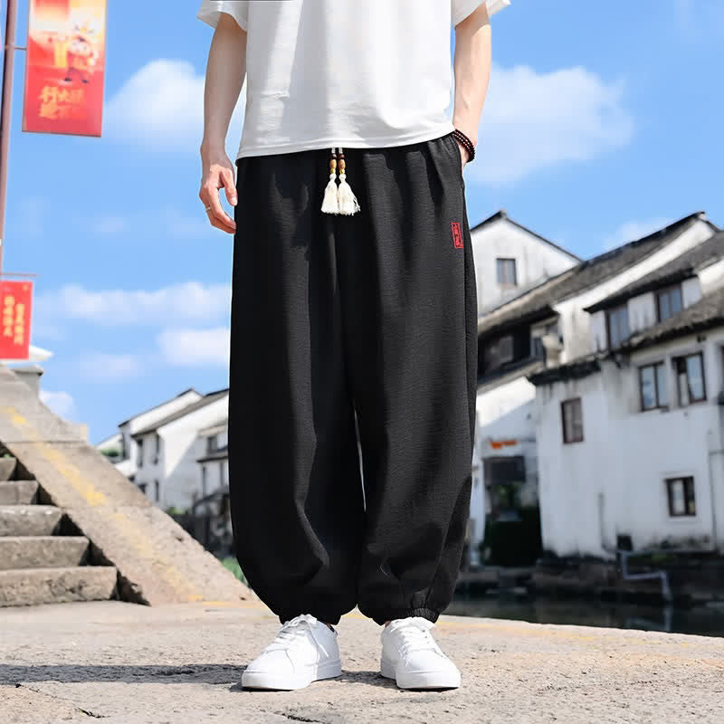 Buddha Stones Pantaloni harem da uomo estivi a tinta unita, lunghezza alla caviglia, con coulisse e tasche. - Nero - US/UK/AU46, EU56 (5XL) - image 0