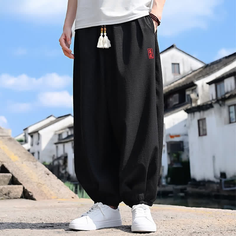 Buddha Stones Pantaloni harem da uomo estivi a tinta unita, lunghezza alla caviglia, con coulisse e tasche. - image 1