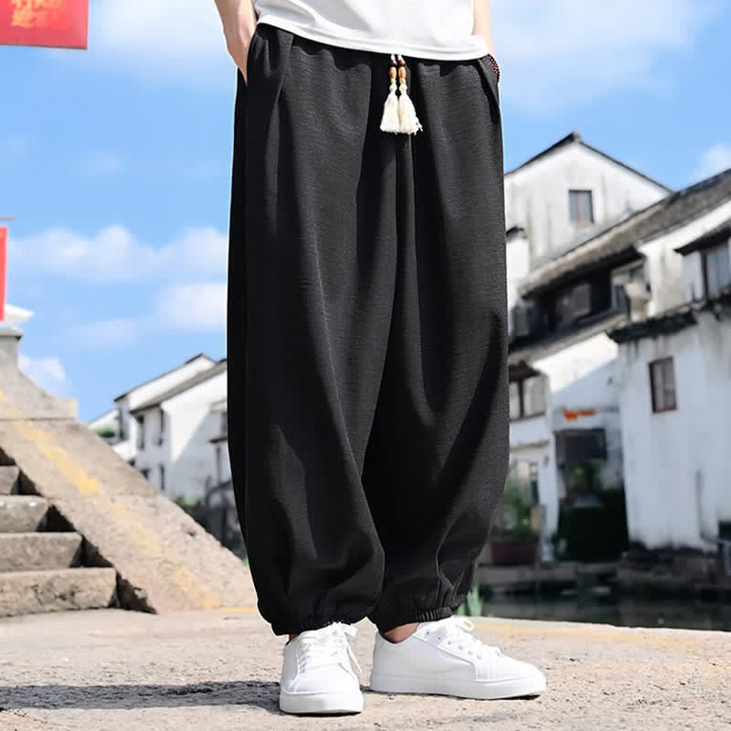 Buddha Stones Pantaloni harem da uomo estivi a tinta unita, lunghezza alla caviglia, con coulisse e tasche. - image 3