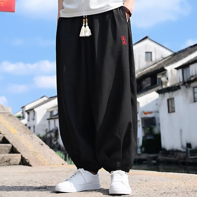 Buddha Stones Pantaloni harem da uomo estivi a tinta unita, lunghezza alla caviglia, con coulisse e tasche. - image 4