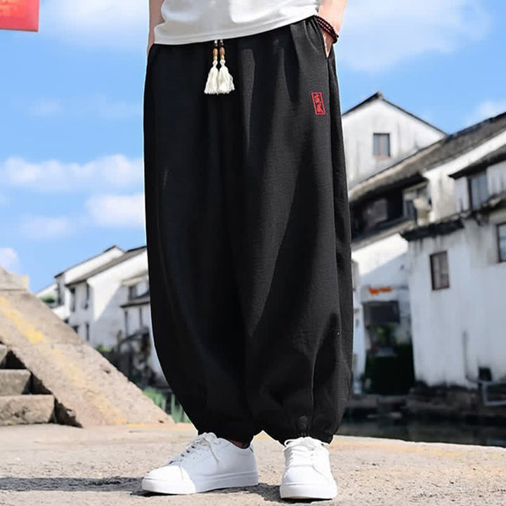 Buddha Stones Pantaloni harem da uomo estivi a tinta unita, lunghezza alla caviglia, con coulisse e tasche. - image 4