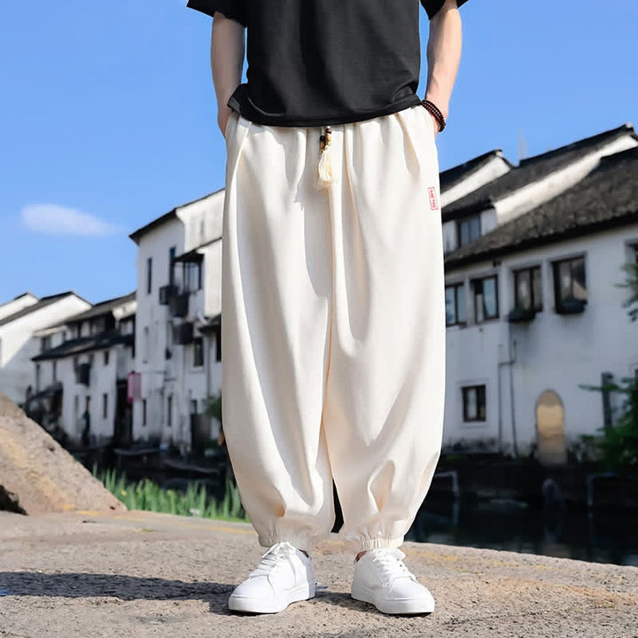 Buddha Stones Pantaloni harem da uomo estivi a tinta unita, lunghezza alla caviglia, con coulisse e tasche. - Beige - US/UK/AU46, EU56 (5XL) - image 5