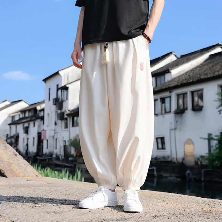 Buddha Stones Pantaloni harem da uomo estivi a tinta unita, lunghezza alla caviglia, con coulisse e tasche. - image 8