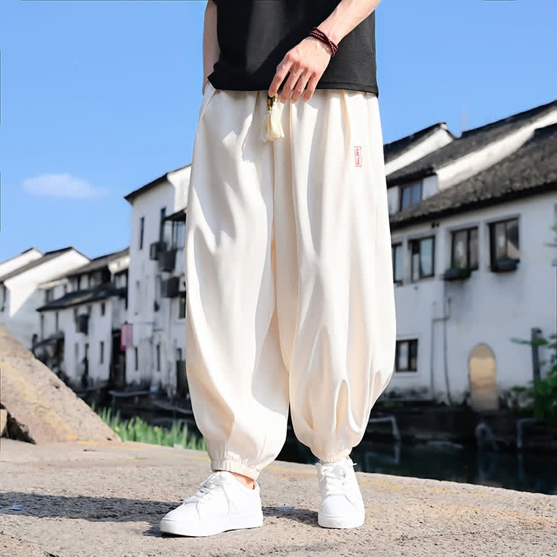 Buddha Stones Pantaloni harem da uomo estivi a tinta unita, lunghezza alla caviglia, con coulisse e tasche. - image 7
