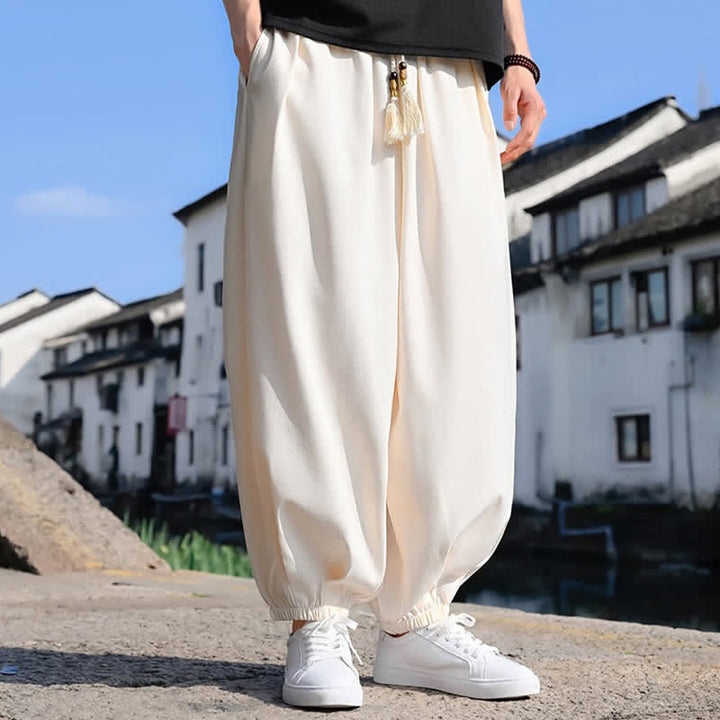 Buddha Stones Pantaloni harem da uomo estivi a tinta unita, lunghezza alla caviglia, con coulisse e tasche. - image 6