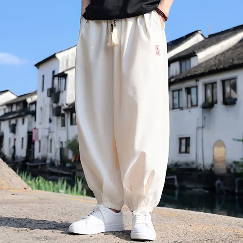 Buddha Stones Pantaloni harem da uomo estivi a tinta unita, lunghezza alla caviglia, con coulisse e tasche. - image 12