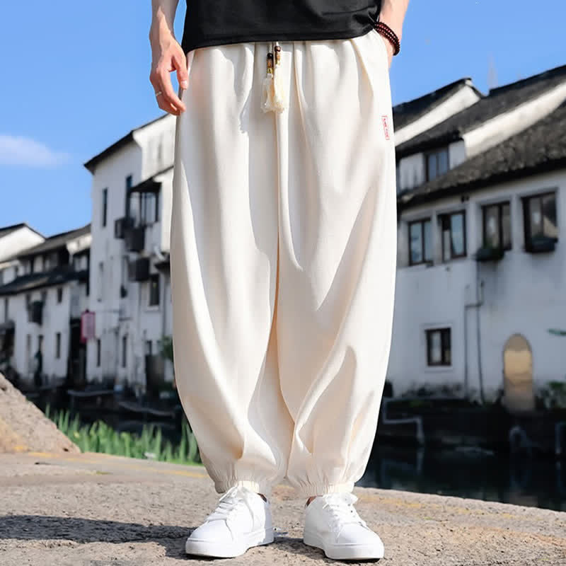 Buddha Stones Pantaloni harem da uomo estivi a tinta unita, lunghezza alla caviglia, con coulisse e tasche. - image 11
