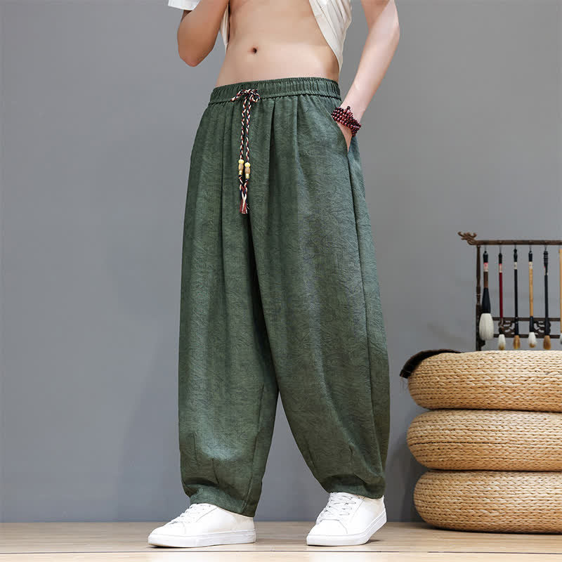 Buddha Stones Pantaloni harem da uomo estivi in ​​stile bohémien con coulisse e fantasia a fiori, con tasche. - Verde oliva scuro - US/UK/AU48, EU58 (6XL) - image 0