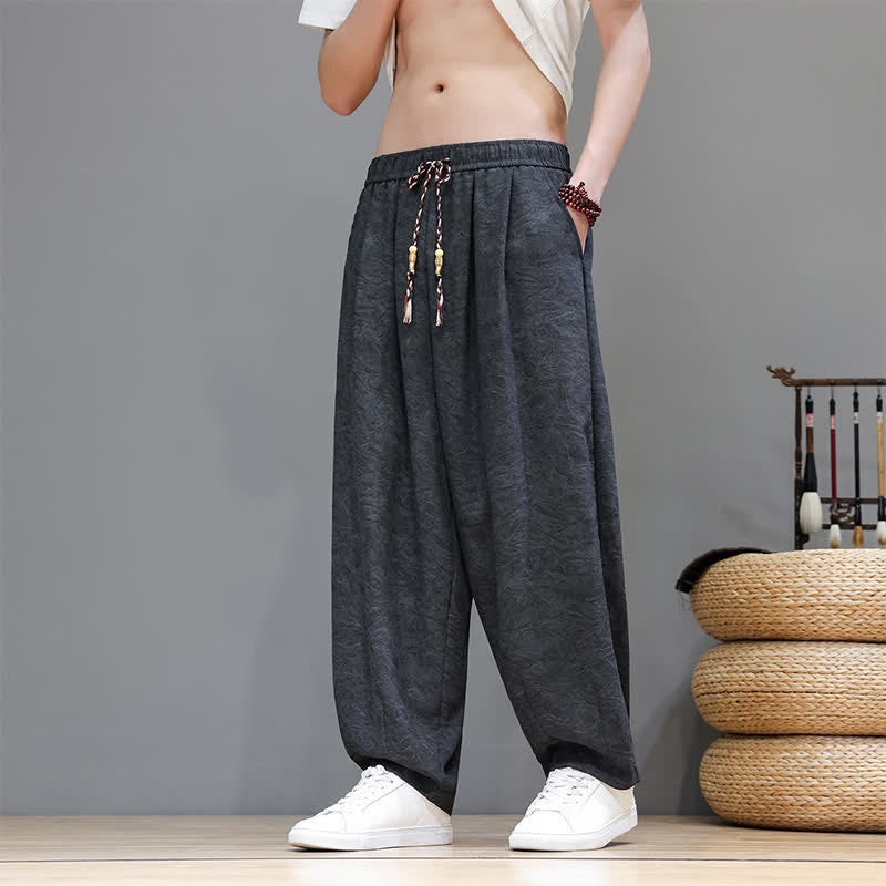 Buddha Stones Pantaloni harem da uomo estivi in ​​stile bohémien con coulisse e fantasia a fiori, con tasche. - Grigio tenue - US/UK/AU48, EU58 (6XL) - image 9
