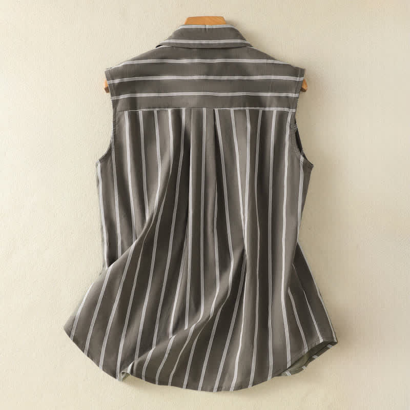 Buddha Stones Camicia da donna estiva vintage a righe senza maniche con bottoni e tasca applicata - image 1