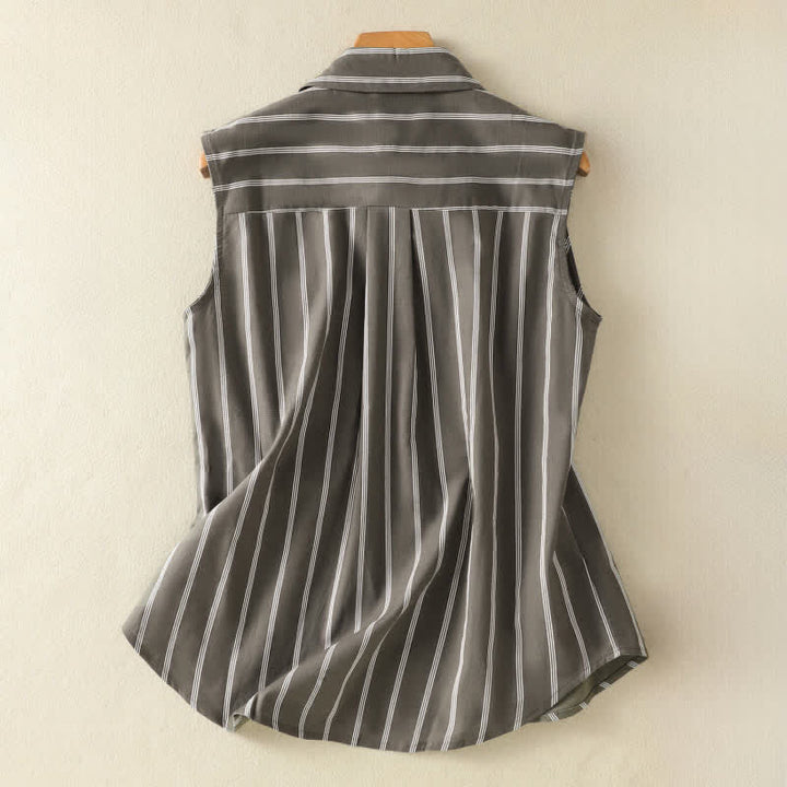 Buddha Stones Camicia da donna estiva vintage a righe senza maniche con bottoni e tasca applicata - image 1