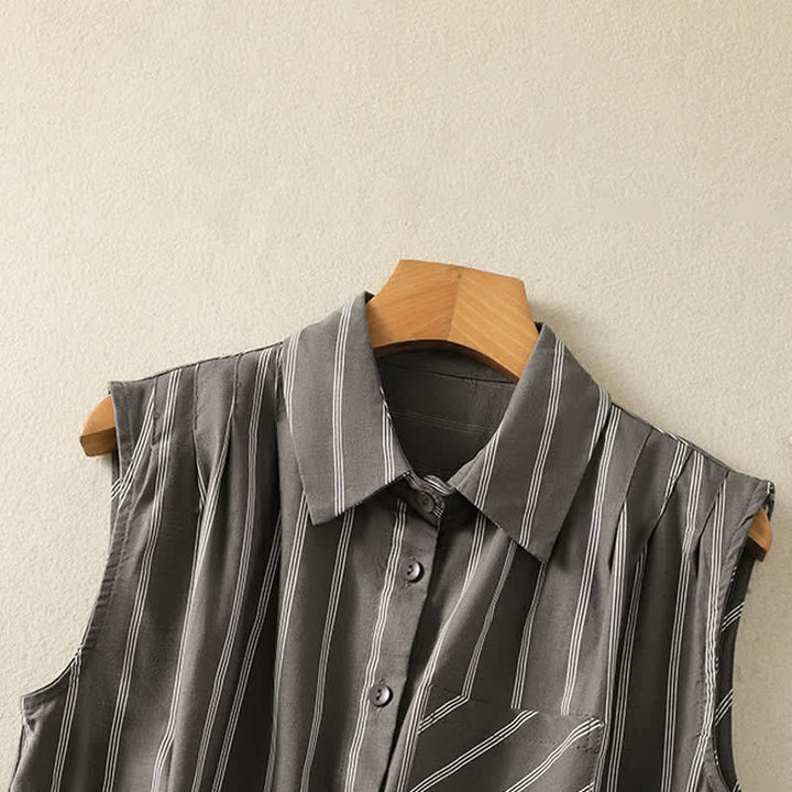 Buddha Stones Camicia da donna estiva vintage a righe senza maniche con bottoni e tasca applicata - image 3