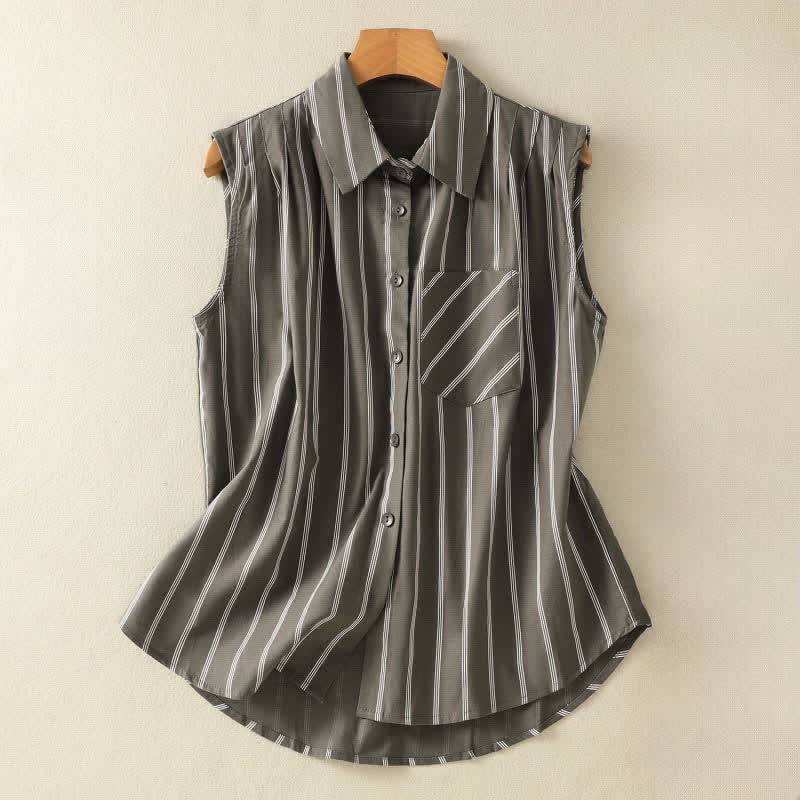 Buddha Stones Camicia da donna estiva vintage a righe senza maniche con bottoni e tasca applicata - Grigio - US12, UK/AU16, EU44 (2XL) - image 0