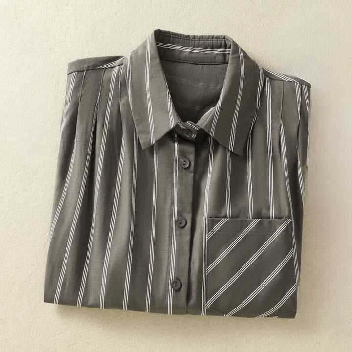 Buddha Stones Camicia da donna estiva vintage a righe senza maniche con bottoni e tasca applicata - image 2
