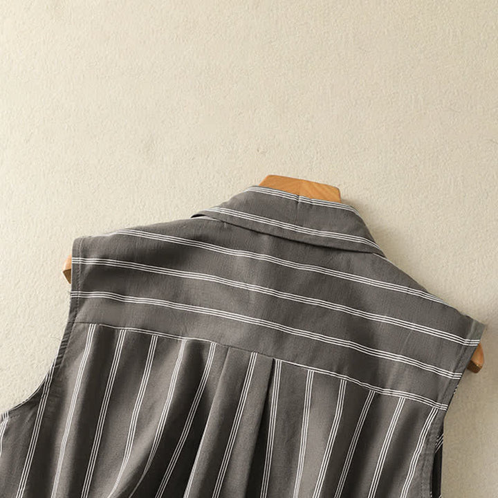Buddha Stones Camicia da donna estiva vintage a righe senza maniche con bottoni e tasca applicata - image 4