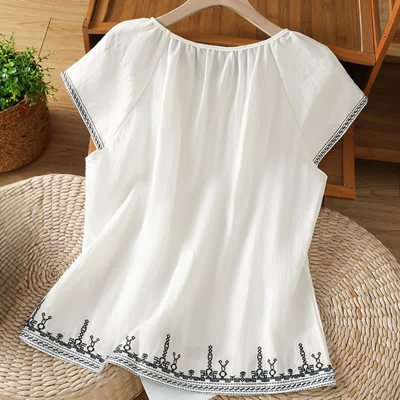 Buddha Stones T-shirt da donna a maniche corte con ricami floreali in stile boho estivo. - image 7