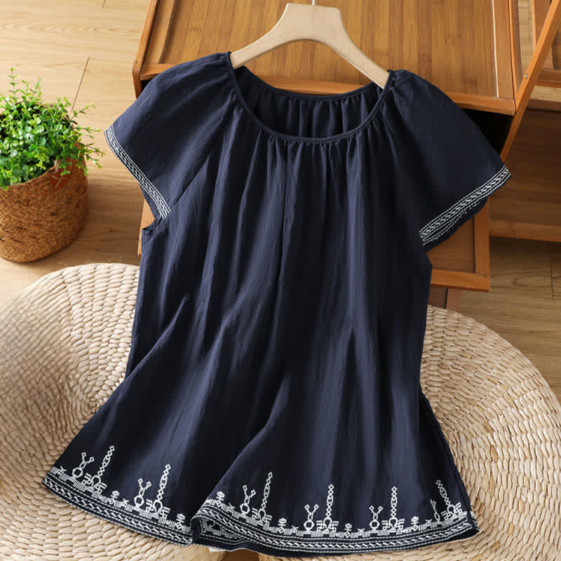 Buddha Stones T-shirt da donna a maniche corte con ricami floreali in stile boho estivo. - Blu notte - US12, UK/AU16, EU44 (2XL) - image 0