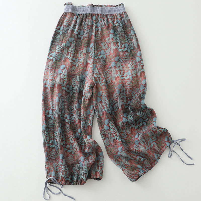 Buddha Stones Pantaloni da donna estivi in ​​stile bohémien con coulisse e stampa a foglie, gamba dritta e tasche. - Marrone rosato - US14, UK/AU18, EU46 (2XL) - image 0