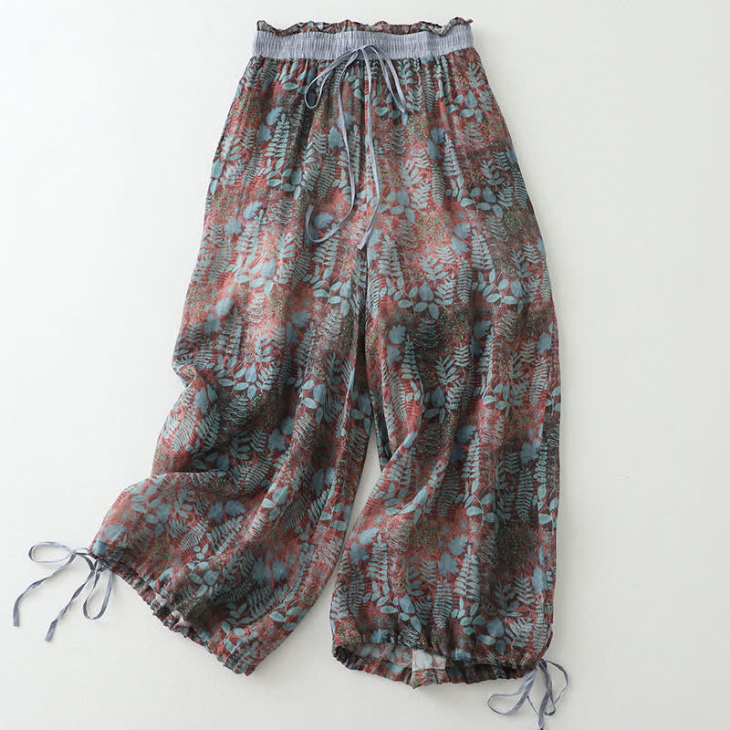 Buddha Stones Pantaloni da donna estivi in ​​stile bohémien con coulisse e stampa a foglie, gamba dritta e tasche. - image 1