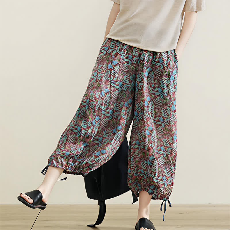 Buddha Stones Pantaloni da donna estivi in ​​stile bohémien con coulisse e stampa a foglie, gamba dritta e tasche. - image 9