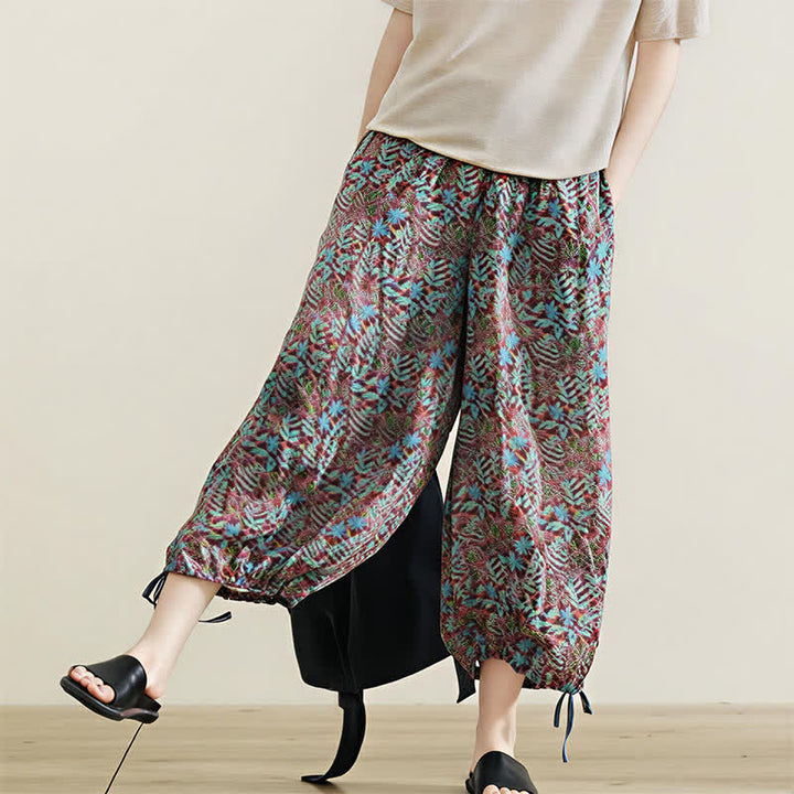 Buddha Stones Pantaloni da donna estivi in ​​stile bohémien con coulisse e stampa a foglie, gamba dritta e tasche. - image 9