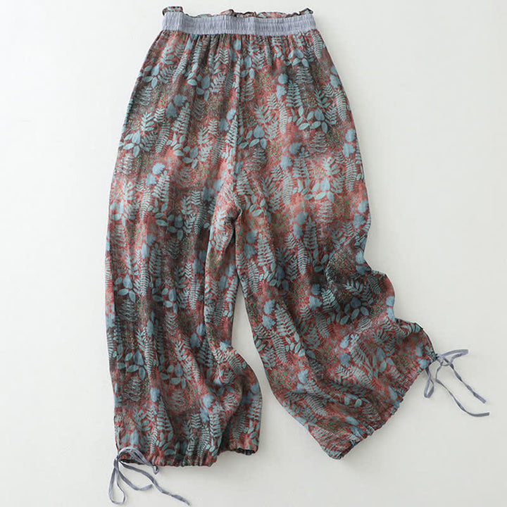 Buddha Stones Pantaloni da donna estivi in ​​stile bohémien con coulisse e stampa a foglie, gamba dritta e tasche. - Marrone rosa - US14, UK/AU18, EU46 (2XL) - image 0