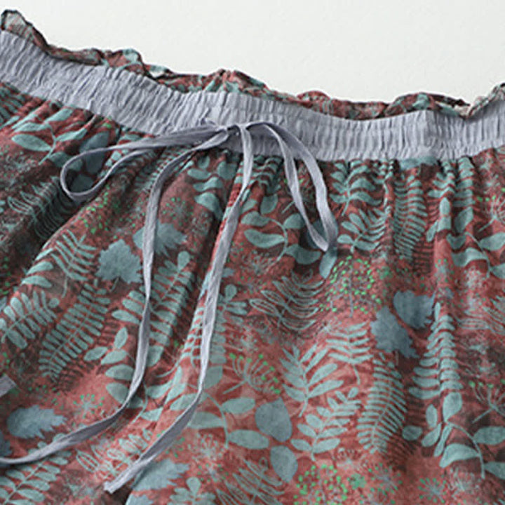 Buddha Stones Pantaloni da donna estivi in ​​stile bohémien con coulisse e stampa a foglie, gamba dritta e tasche. - image 2