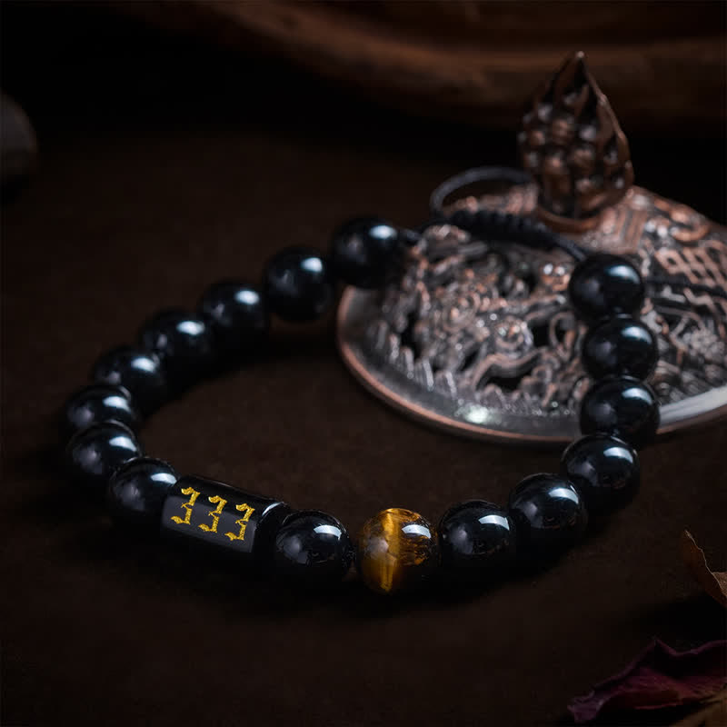 Buddha Stones Braccialetto con numero angelico, ossidiana nera naturale e occhio di tigre, simbolo di forza e realizzazione personale. - image 2