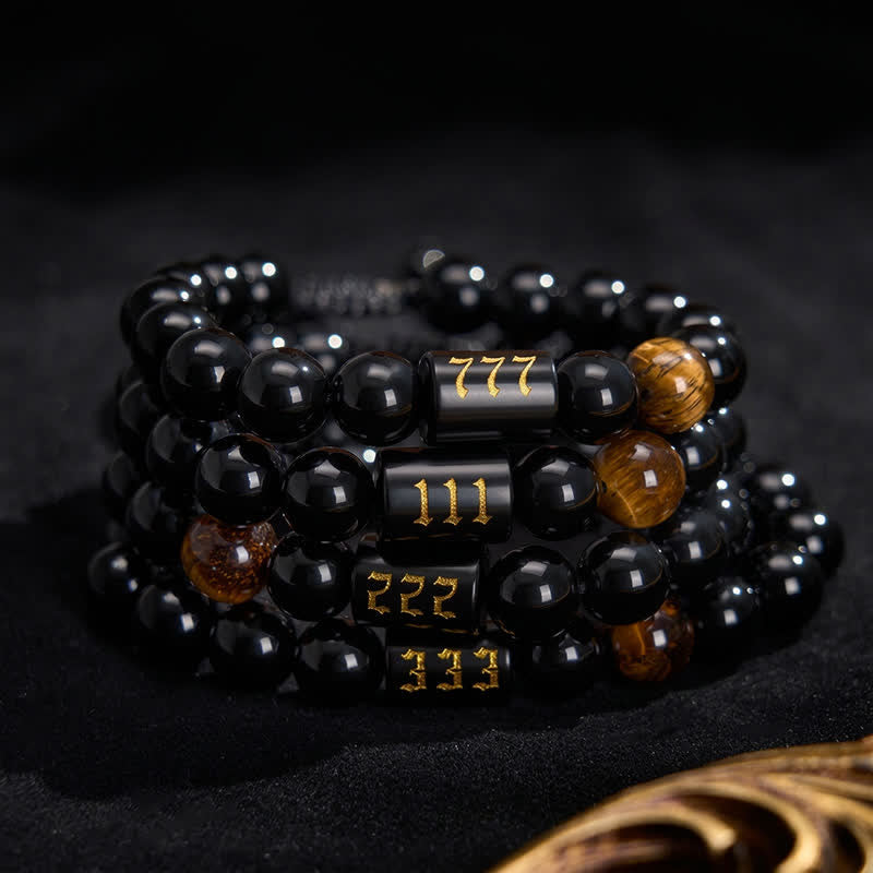 Buddha Stones Braccialetto con numero angelico, ossidiana nera naturale e occhio di tigre, simbolo di forza e realizzazione personale. - image 33