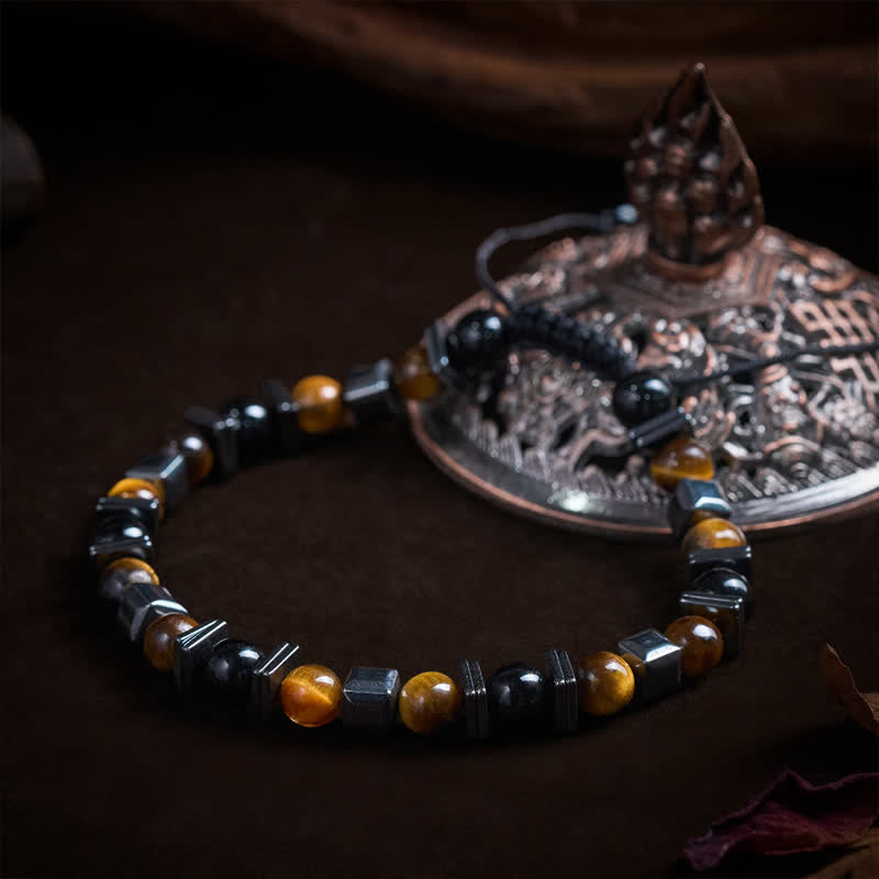 Buddha Stones Bracciale di supporto in ematite e ossidiana nera occhio di tigre naturale - image 3