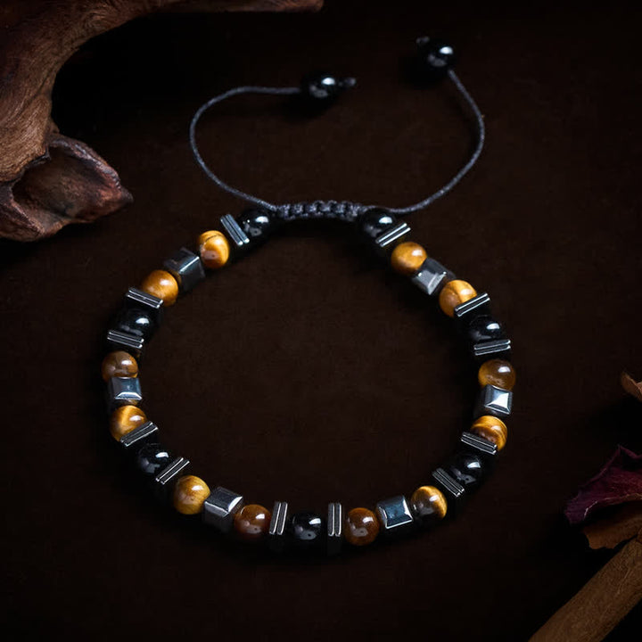 Buddha Stones Bracciale di supporto in ematite e ossidiana nera occhio di tigre naturale - image 1