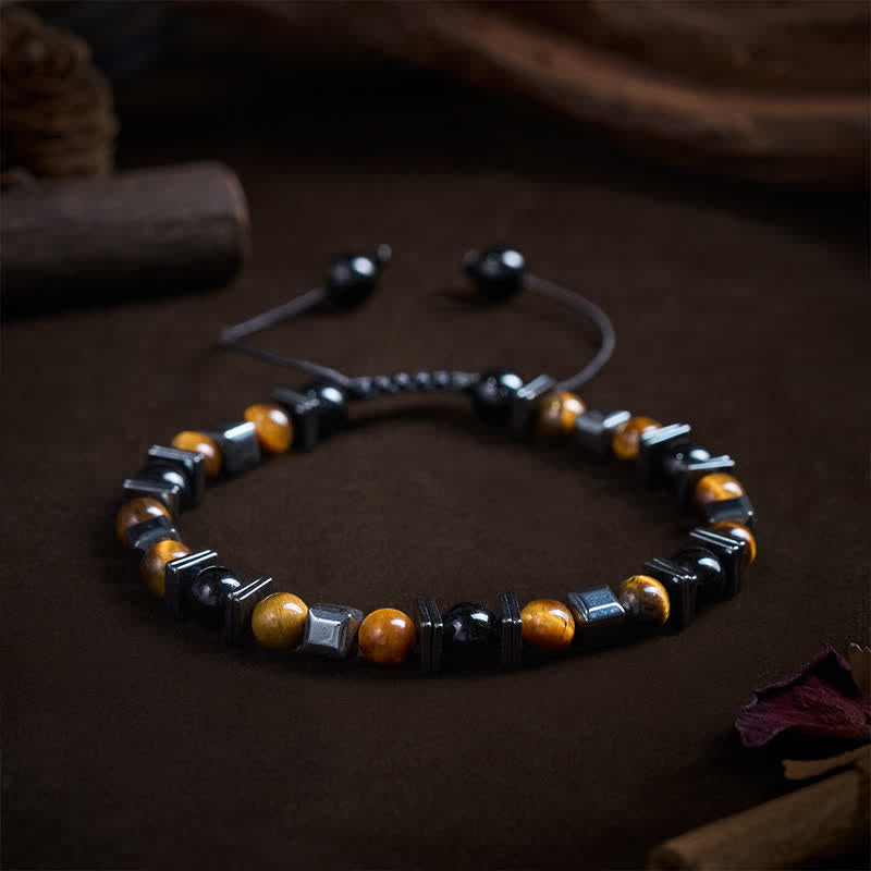 Buddha Stones Bracciale di supporto in ematite e ossidiana nera occhio di tigre naturale - image 2