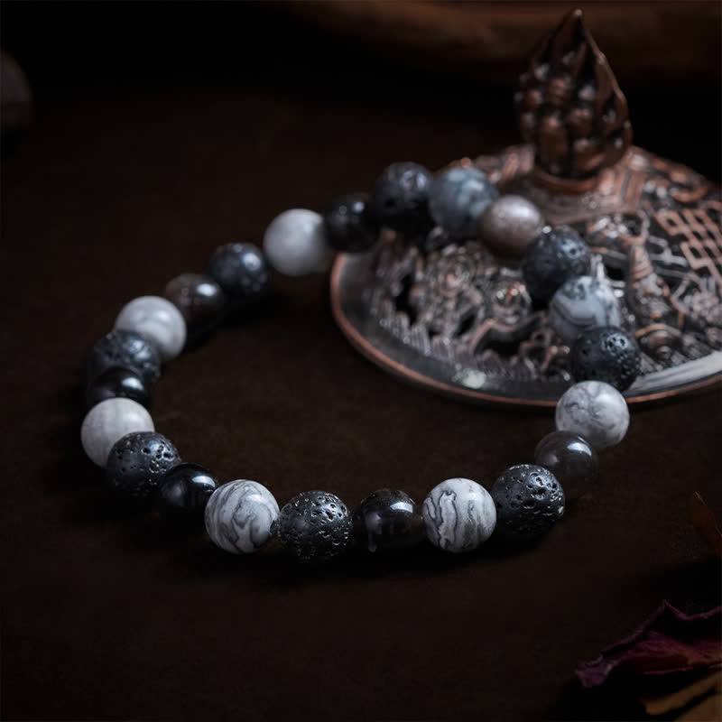 Buddha Stones Bracciale di supporto in ossidiana nera, pietra lavica e diaspro Picasso. - image 3