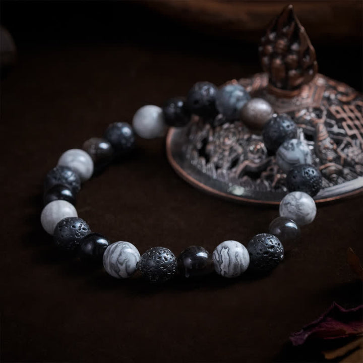 Buddha Stones Bracciale di supporto in ossidiana nera, pietra lavica e diaspro Picasso. - image 3